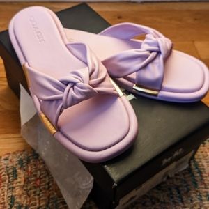 Coach Brooklyn Leather Sandals in Violet With Gold Embellishments